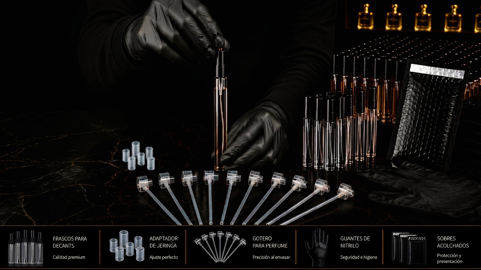 Suministros profesionales para decants: frascos, adaptadores, goteros, guantes y sobres